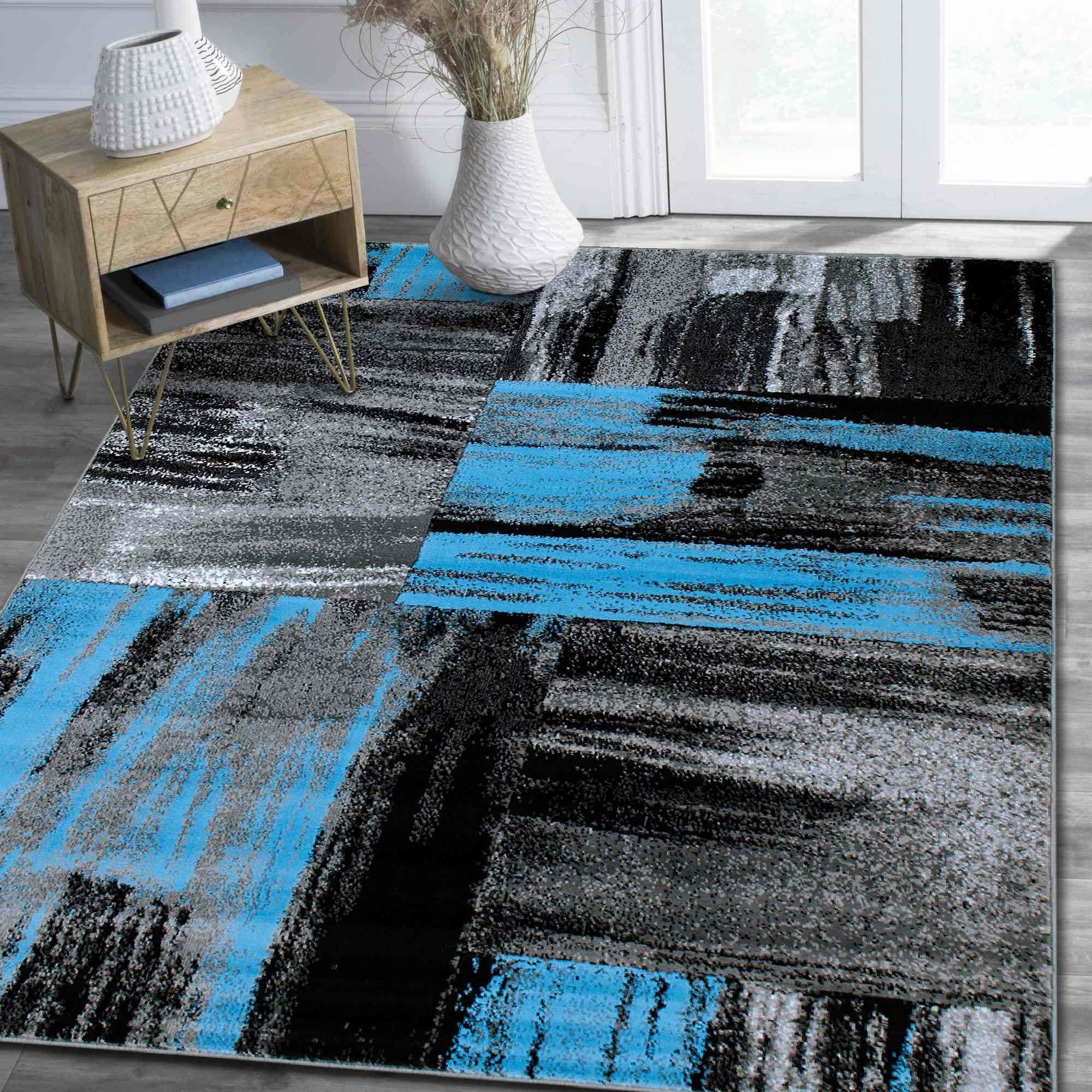HR HANDCRAFT RUGS HR Blue, Grey, Silver, Black, Abstract Contemporary ...