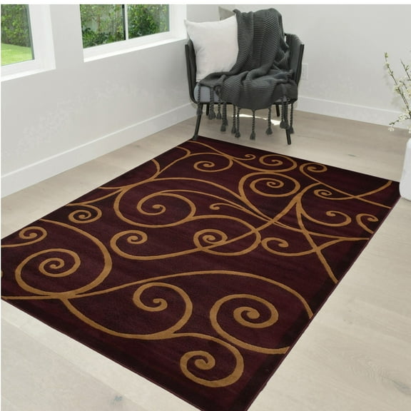 HR HANDCRAFT RUGS HR Burgundy, Mocha, and Multi Modern Contemporary Area Rugs-Abstract Wavy Swirls -Shed Free 5' x 7'