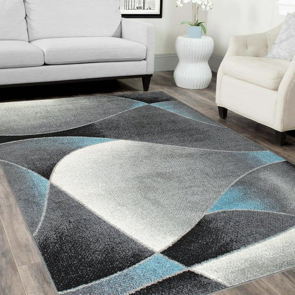 HR HANDCRAFT RUGS HR Contemporary Distressed Area Rug with Swirls Sync Pattern - Abstract Elegance in Faded Hues for Trendy Home Decor 5 x 7 - Blue