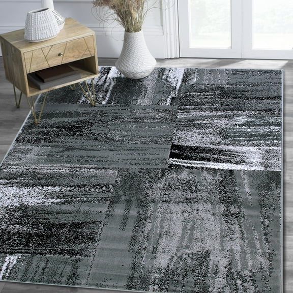 HR HANDCRAFT RUGS HR Grey, Silver, Black, Abstract Contemporary Design Brush Pattern Rug 5' x 7'