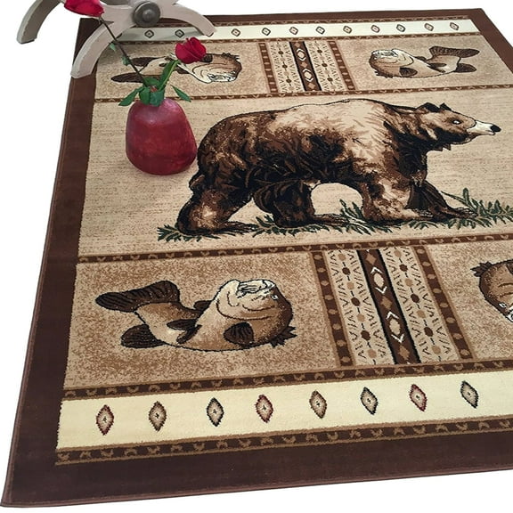 HR HANDCRAFT RUGS HR Lodge, Cabin Nature and Animals Area Rug Geometric Design Cabin Area RugAbstract Fish, Bear, Cabin, Southwestern Pat 3'8" x 5'1"