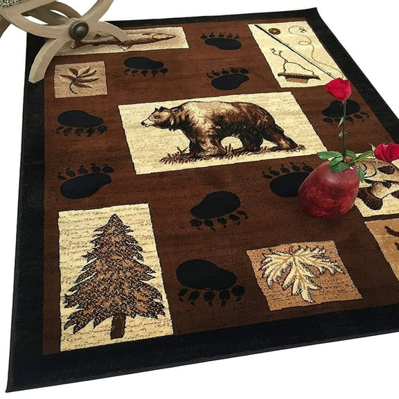HR HANDCRAFT RUGS HR Lodge Nature and Animals Cabin Rug Chocolate, Green Geometric rug Bear, Footprint, Fishing Equipment 7' 5" x 10' 5"