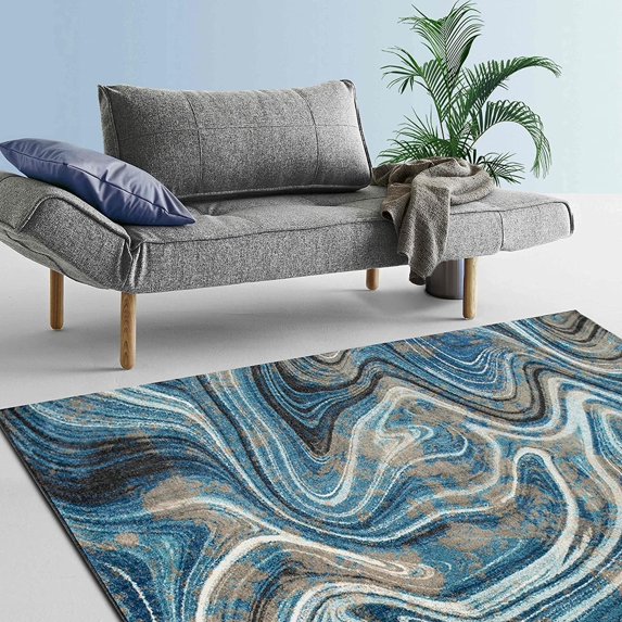 HR HANDCRAFT RUGS HR Marble Rugs Abstract Livingroom & Dining Room Chick Area Rug Non-Shedding Turquoise - 5' X 7'