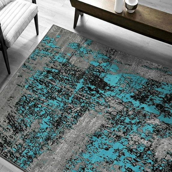 HR HANDCRAFT RUGS HR Modern Contemporary Abstract Area Rug Turquoise - 7'8" X 10'