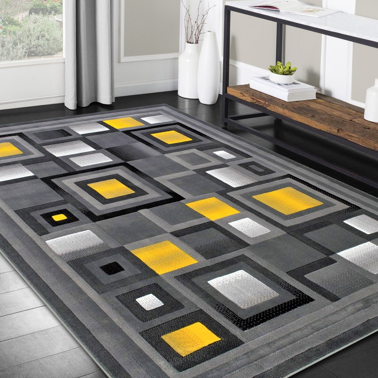 HR HANDCRAFT RUGS HR Orangish Yellow, Gray and Multi Abstract Geometric ...