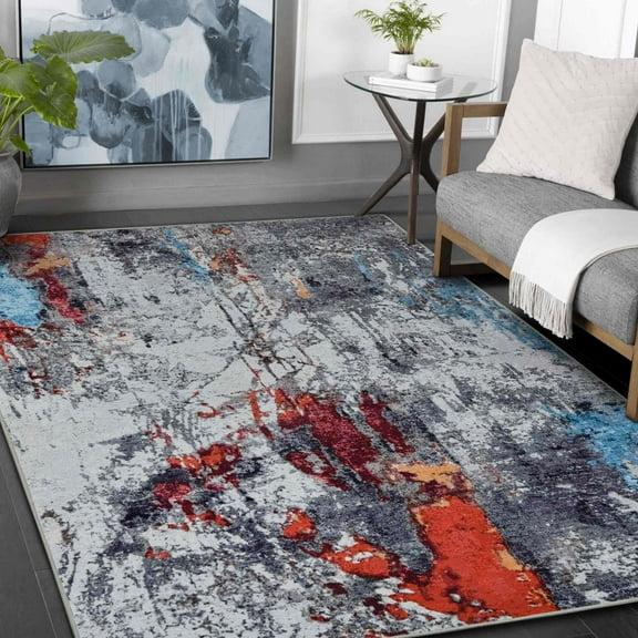 HR HANDCRAFT RUGS HR Print Abstract Area Rug - Non-Slip Rubber Backing, Polyester, Flat Texture, Yellow, Red, Blue and Multi-Color 5' x 7'