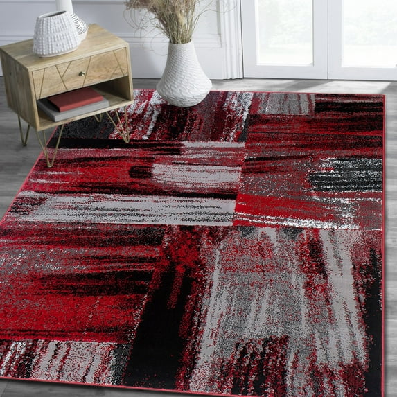 HR HANDCRAFT RUGS HR Red, Grey, Silver, Black, Abstract Contemporary Design Brush Pattern Rug 5' x 7'