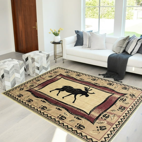 HR HANDCRAFT RUGS HR Rustic Lodge Cabin Area Rug with Geometric Design Nature and Wildlife Inspired in Beige, Ivory, Red Featuring Moose M 5'2" x 7'2"