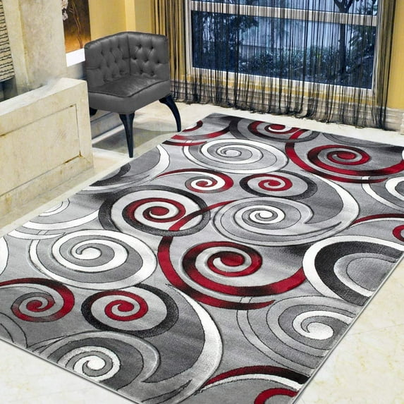 HR HANDCRAFT RUGS HR Spiral/Swirls Modern Contemporary Hand Carved Area Rug-Silver/Lava Red/Gray/Black 5' x 7'