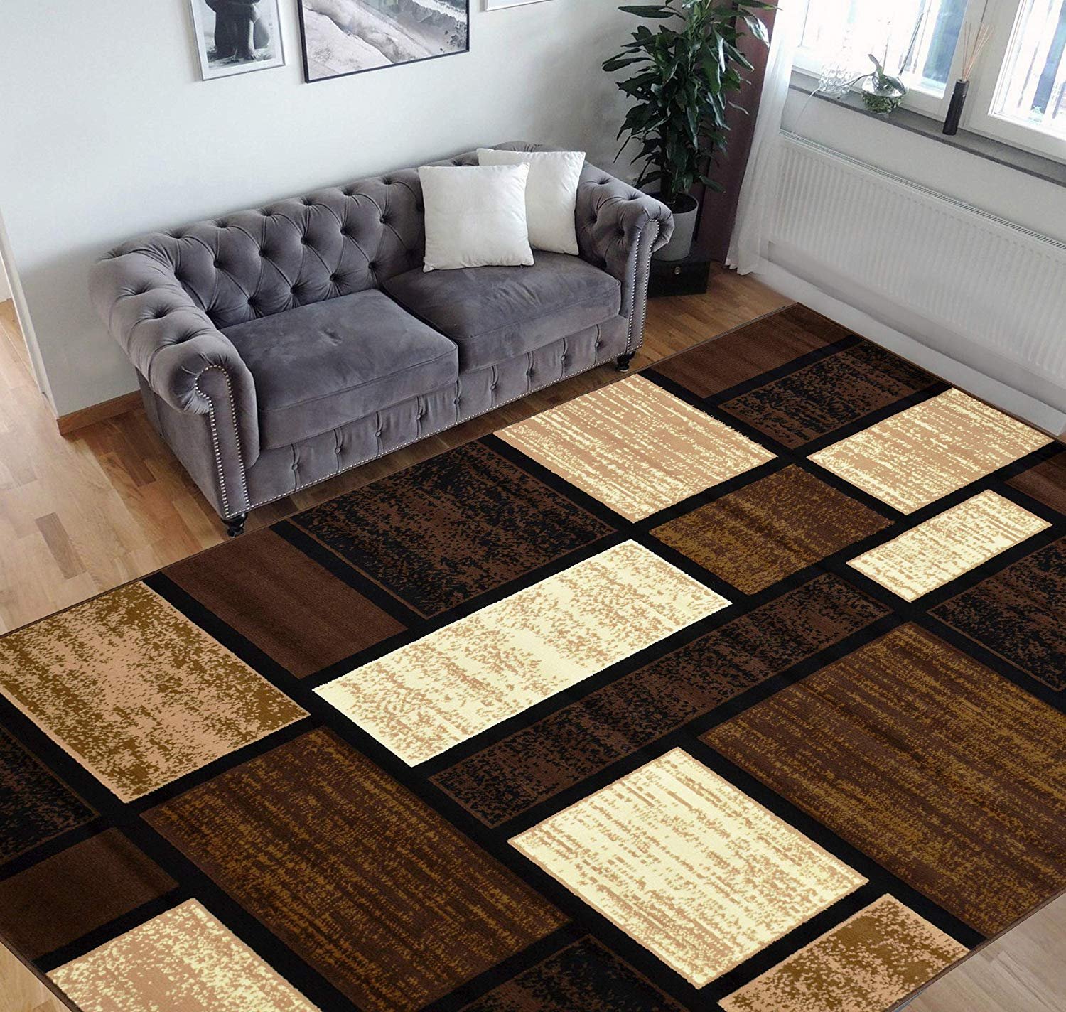 HR 8x10 Brown Chocolate Square Pattern Area Rug, Stain Resistant, Comfy ...