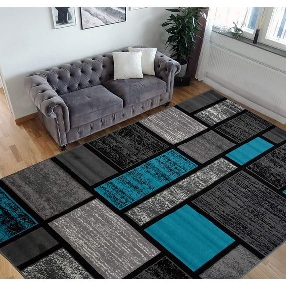 HR HANDCRAFT RUGS HR Square Pattern Area Rug Geometric Pattern Modern Turquoise - 7'5" x 10'5"