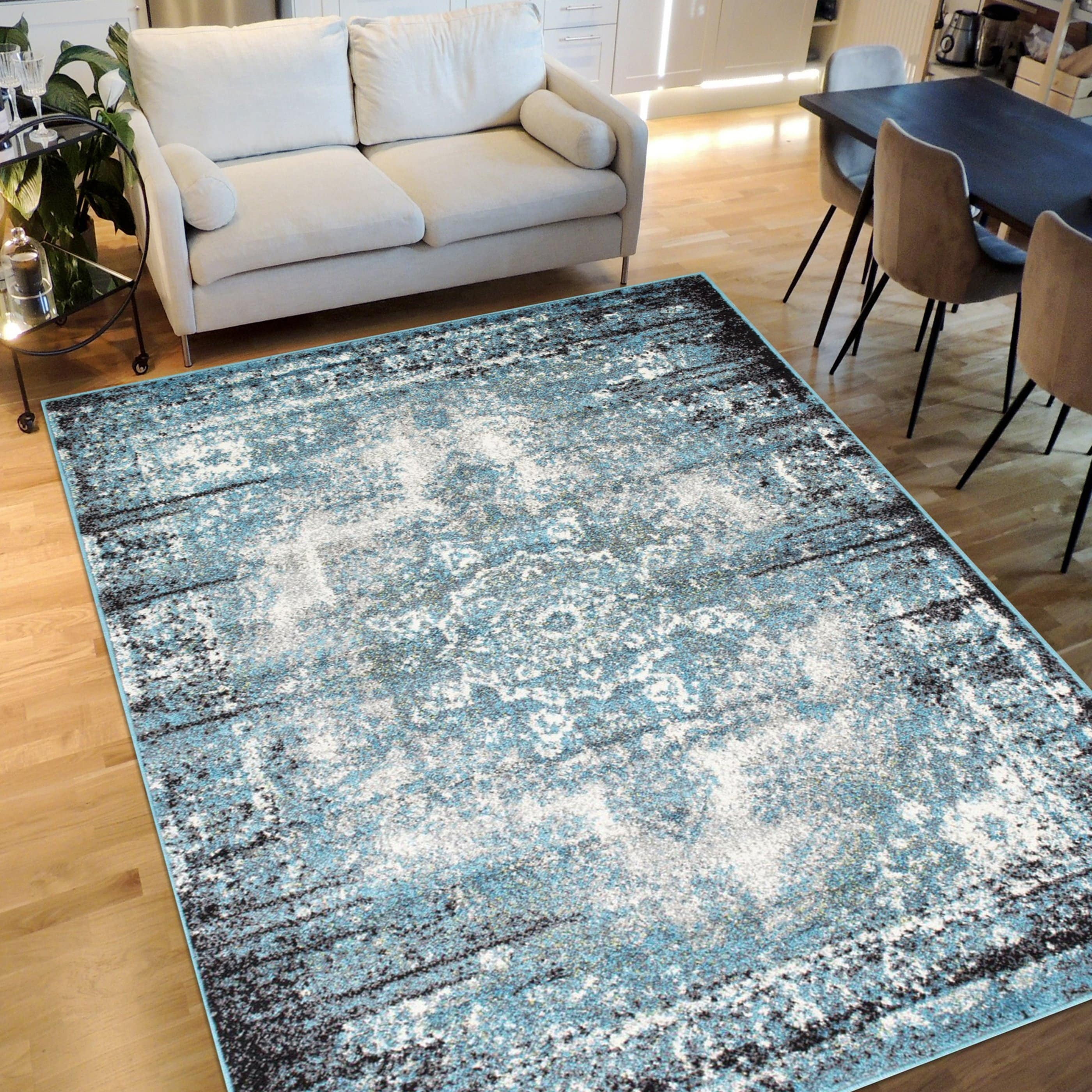 HR HANDCRAFT RUGS HR Timeless Elegance: White and Charcoal Blue Faded ...
