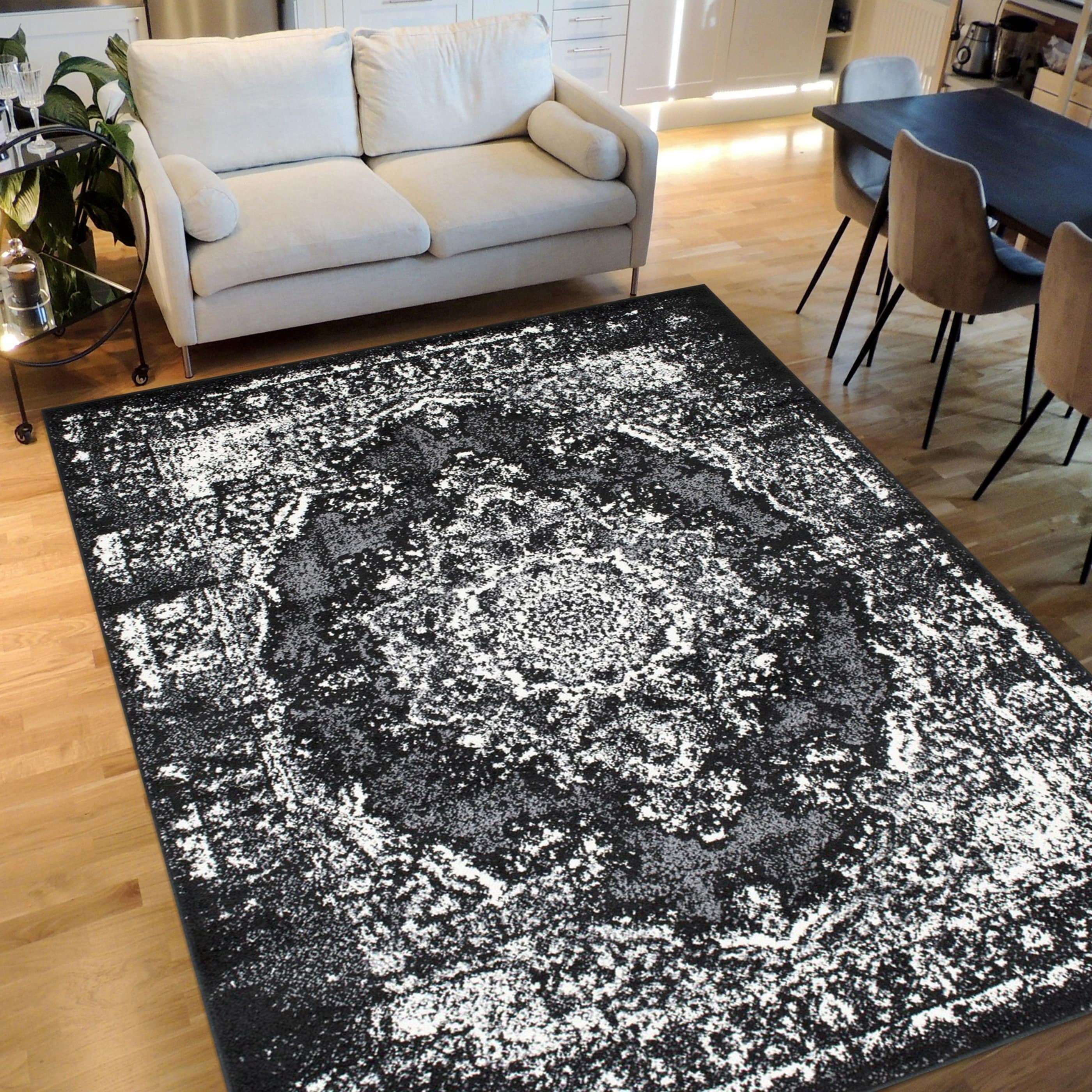 HR HANDCRAFT RUGS HR Timeless Elegance: White and Charcoal Blue Faded ...