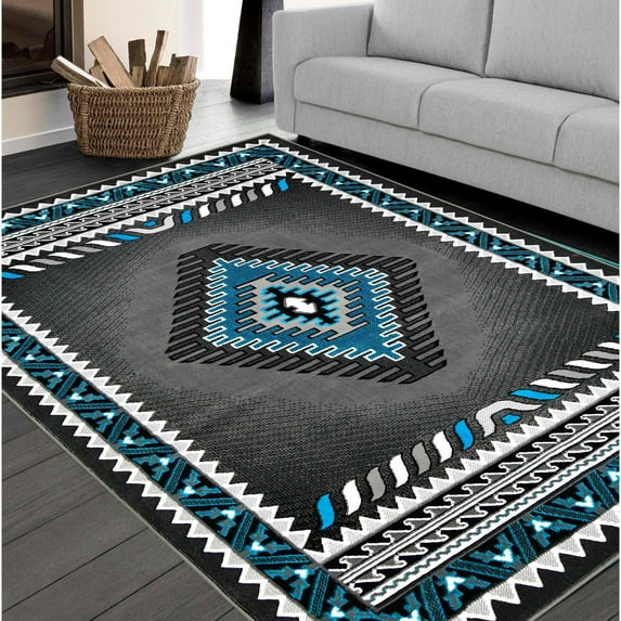 HR HANDCRAFT RUGS HR Traditional Southwestern Area Rugs Turquoise Gray and Black 7'8" X 10'