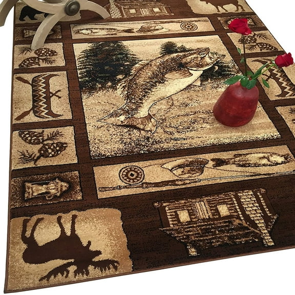 HR HANDCRAFT RUGS HR Wilderness Elegance: Geometric Cabin Area Rug with Abstract Moose, Kayak, Fishing Gear, and Big Fish Design 7'5" x 10'5"