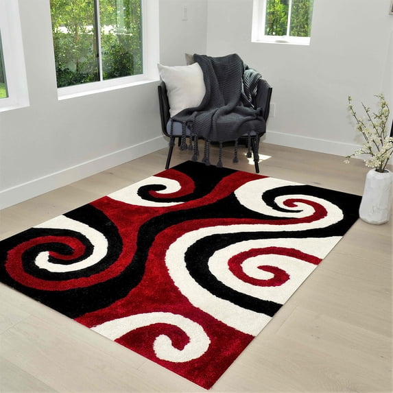 HR HANDCRAFT RUGS, Lava shag Rug 5X7 for Living Room Decor 2021 Rug Trends Bright Modern Swirls Pattern, 3-D Hand Curved Shaggy Rug Lava red/Black/Cream