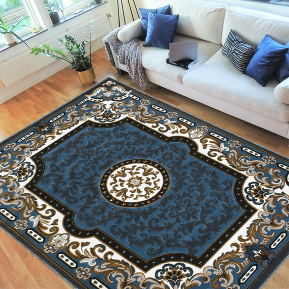 HR HANDCRAFT RUGS, Livingroom Rugs Bohemian Rugs, Shed Free Stain Resistant Easy Clean, Blue and Multi, 5' x 7'