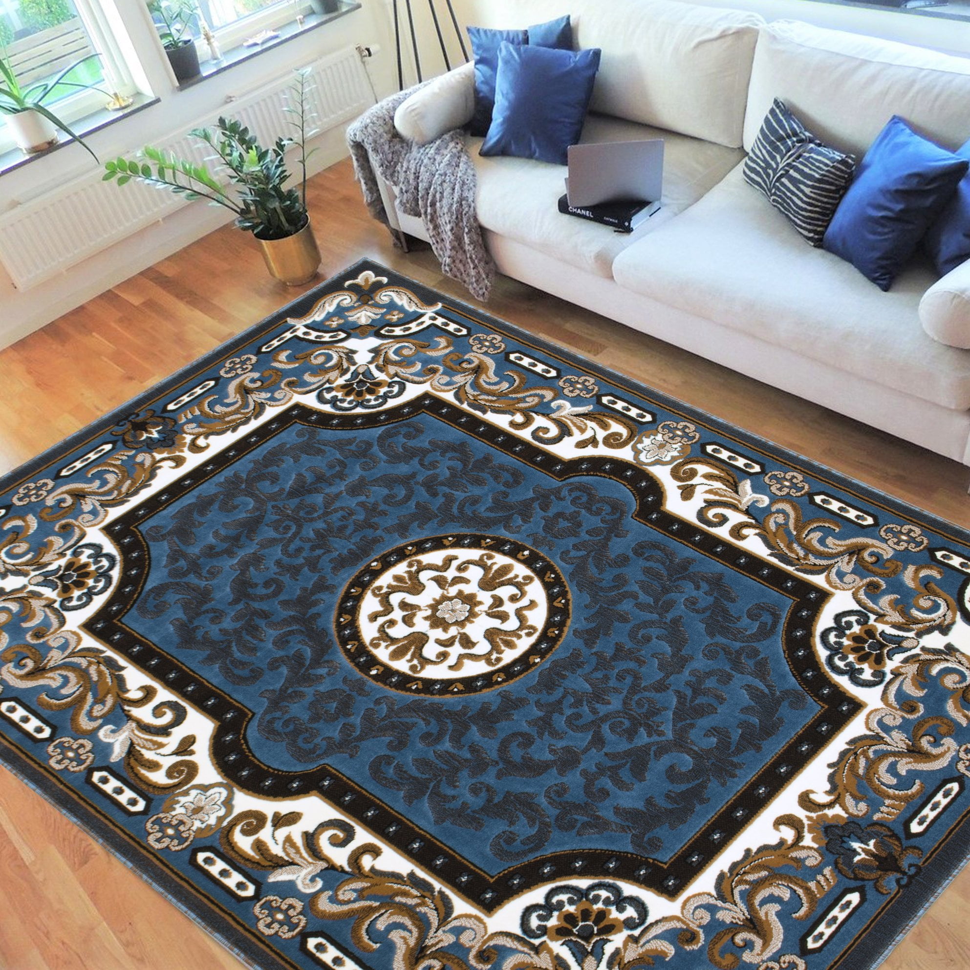 HR HANDCRAFT RUGS, Livingroom Rugs Bohemian Rugs, Shed Free Stain Resistant Easy Clean, Blue and Multi, 7' 8" x 10'