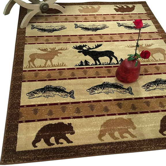 HR HANDCRAFT RUGS Rustic Lodge Area Rug with Geometric Designs Nature-Inspired Cabin Decor Featuring Abstract Fish, Bear, Moose 4' x 5'