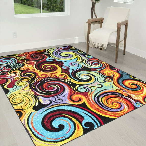 HR HANDCRAFT RUGS Vibrant Turquoise Lilac Orange Red Black Distressed Rug with Allover Swirls Thunder Pattern High-Quality Multi-Colored 7' 8" x 10'