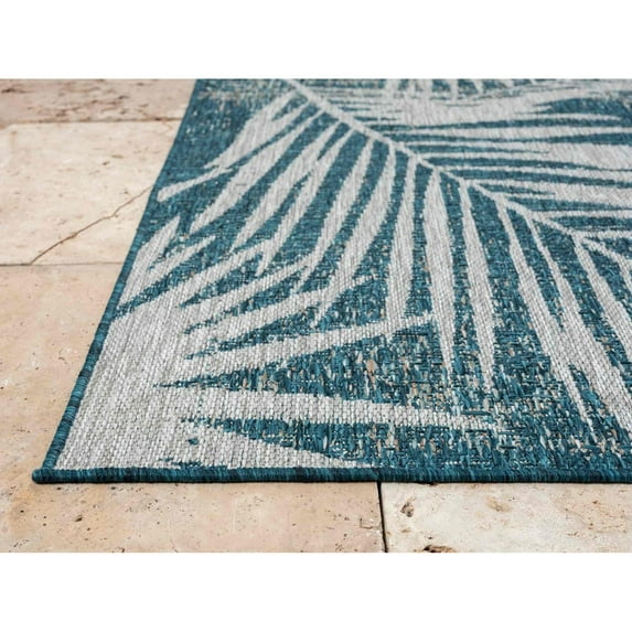 HR HANDCRAFT RUGS Waterproof Leaf Pattern Outdoor Rug Stain/Fade-Resistant Turquoise - 7'6" x 10'