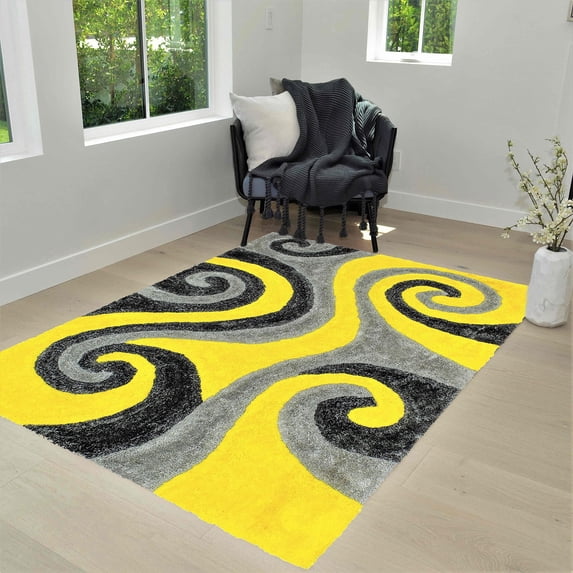 HR HANDCRAFT RUGS, Yellow shag Rug 5X7 for Living Room Decor 2021 Rug Trends Bright Modern Swirls Pattern, 3-D Hand Curved Shaggy Rug Yellow/Gray/Black