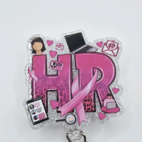 Fun Technology Badges HR Human Resources with Pink Ribbon for Breast Cancer Awareness Badge ...