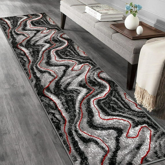 HR Lava Grey Black Modern Contemporary Abstract Area Rugs Marble Pattern, 2' x 7' Runner
