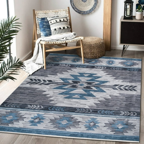 HR- Livingroom Rug 8x10 Modern Faded Floorcover Area Rugs Blue Gray Silver Color