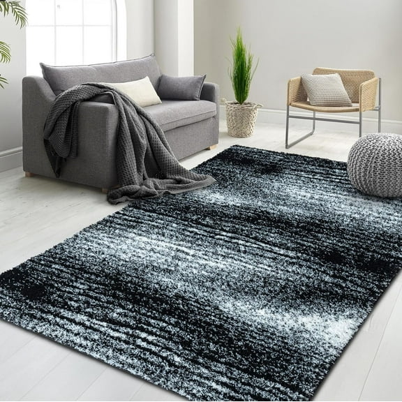HR Luxurious Black Shaggy Rug with Deep Pile - Soft Plush Texture, Abstract Pattern, Durable & Comfortable, Perfect for Living Room and Bedroom Decor - Black Tone