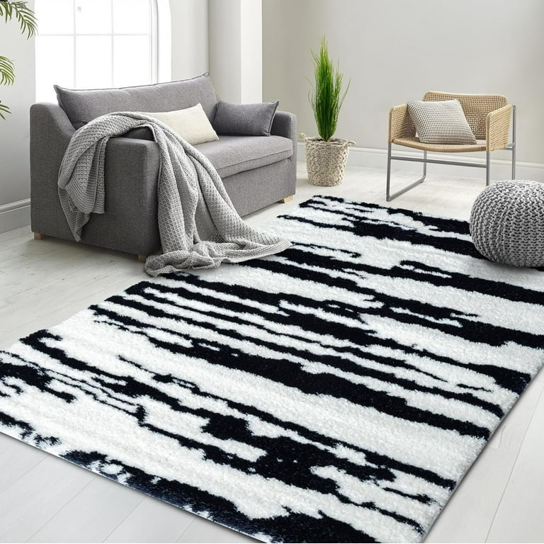 HR Luxurious Black and White Geometric Shag Rug Soft High Pile