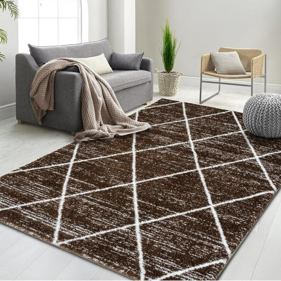 HR Luxurious Chocolate Brown & White Moroccan Diamond Shag Rug  Plush 1-Inch-High Pile  Soft & Durable Area Rug for Living Room, Bedroom