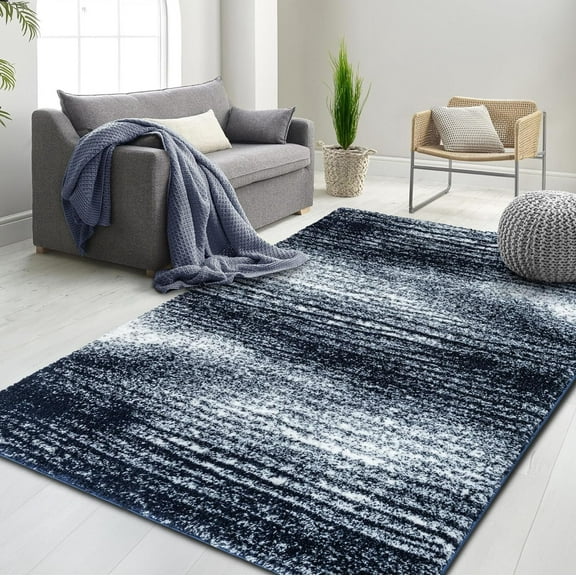 HR Luxurious Cobalt Shaggy Rug with Deep Pile - Soft Plush Texture, Abstract Pattern, Durable & Comfortable, Perfect for Living Room and Bedroom Decor - Navy Tone
