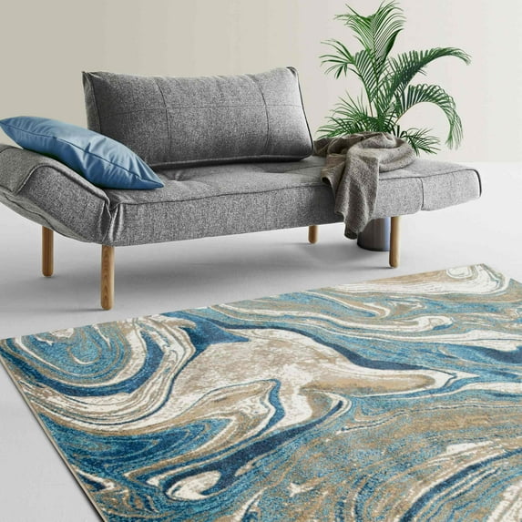 HR Marble Rugs Blue Beige Multi Color Abstract Livingroom & Dining Room Chick Area Rug Non-Shedding Carpet, 5' x 7'