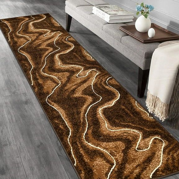 HR Mocha Brown and Beige Modern Contemporary Abstract Area Rugs Marble Pattern, 2' x 7' Runner