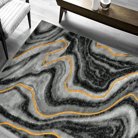 HR Orangish Yellow Grey Black Modern Contemporary Abstract Area Rugs Marble Pattern, 2' x 7' Runner