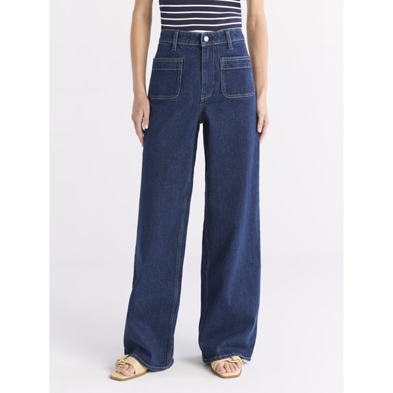 Free Assembly Women's and Women's Plus Wide Leg Jeans with Patch Pockets, 30", 32", and 34" Inseams, Sizes 0-26 Plus
