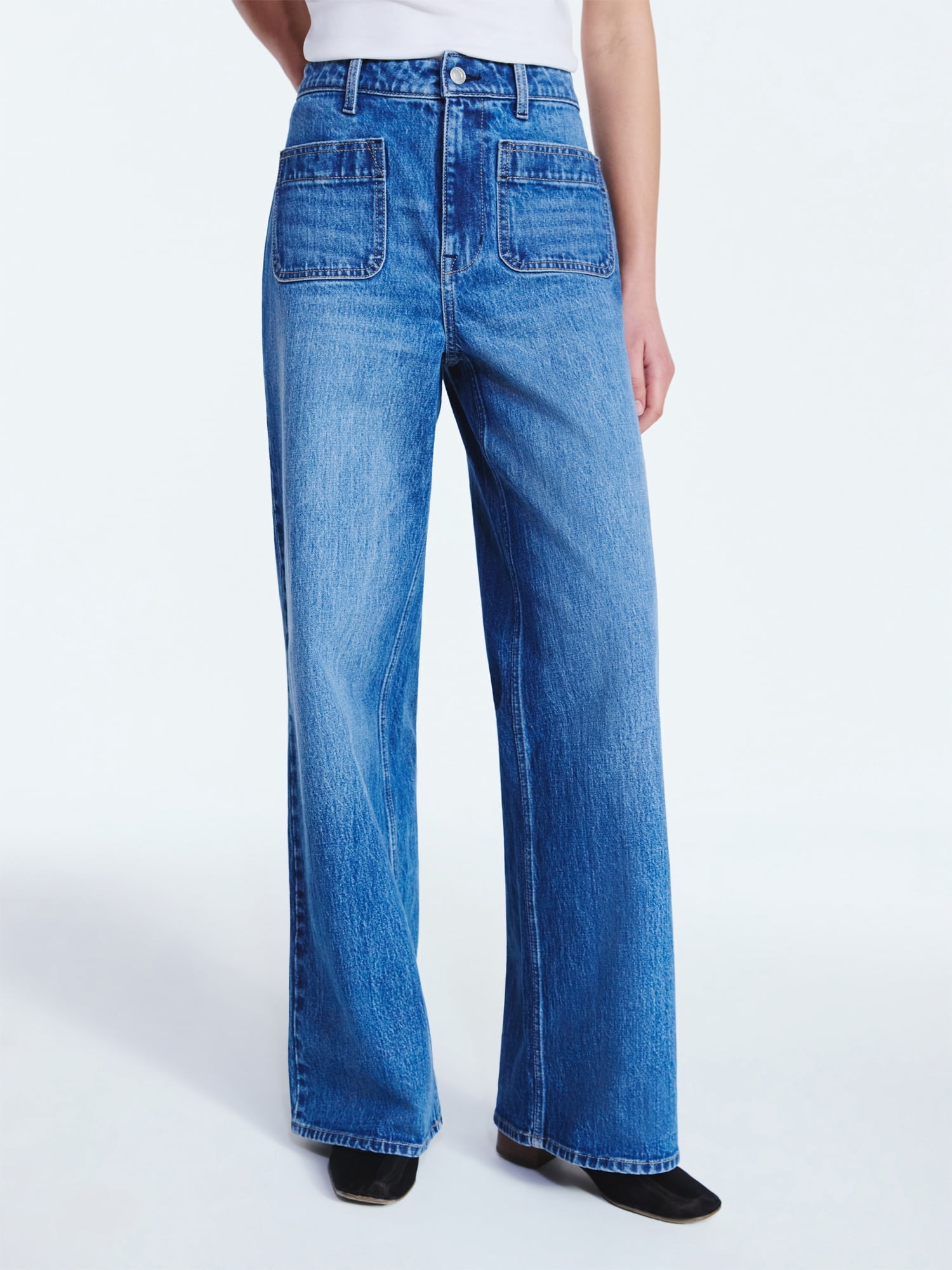 Free Assembly Women's and Women's Plus Wide Leg Jeans with Patch Pockets, 30", 32", and 34" Inseams, Sizes 0-26 Plus