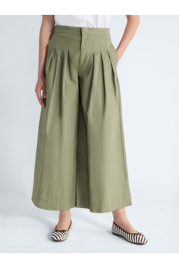 Women's and Women's Plus High Rise Wide Leg Pleated Culotte Pants, Sizes XS-XXL