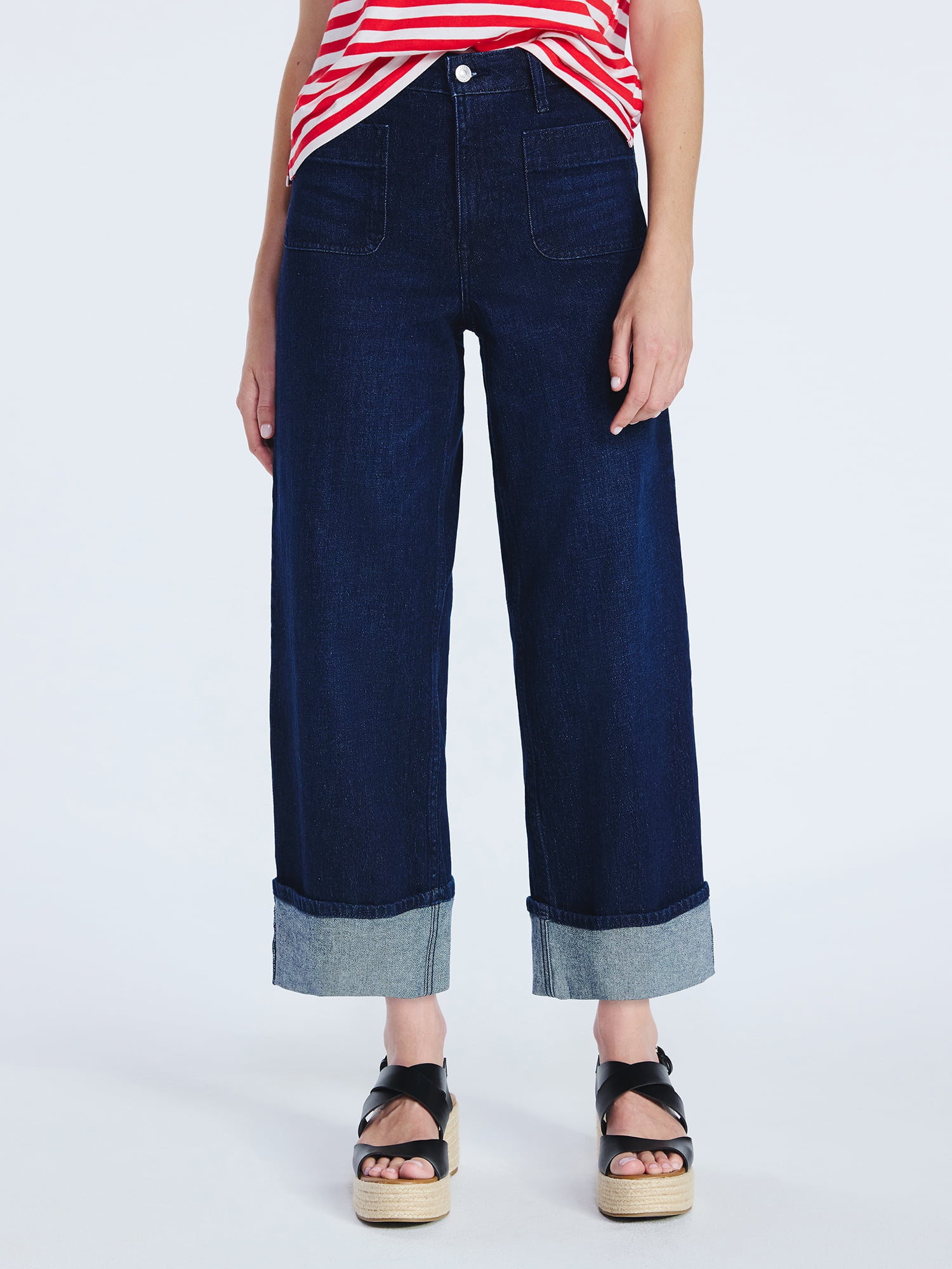 Free Assembly Women’s High Rise Cuffed Jean Pants with Patch Pockets, 30" Inseam, Sizes 0-28W