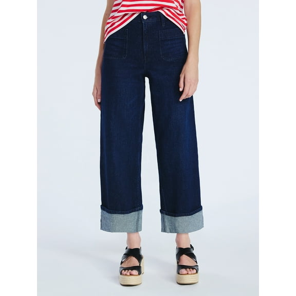 Free Assembly Women’s High Rise Cuffed Jean Pants with Patch Pockets, 30" Inseam, Sizes 0-28W