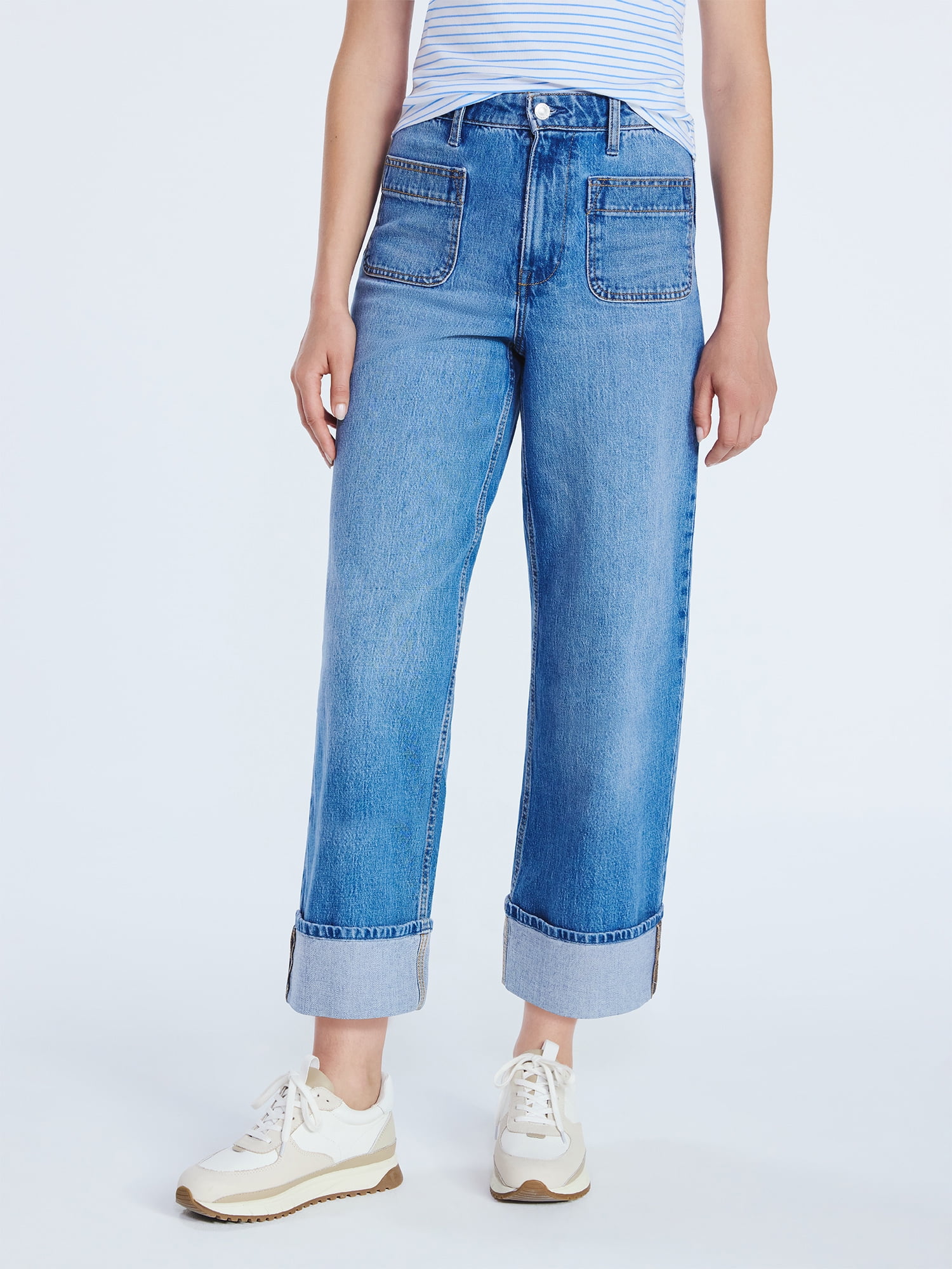 Free Assembly Women’s High Rise Cuffed Jean Pants with Patch Pockets, 30" Inseam, Sizes 0-28W