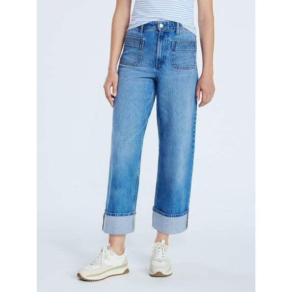 Free Assembly Women’s High Rise Cuffed Jean Pants with Patch Pockets, 30" Inseam, Sizes 0-28W