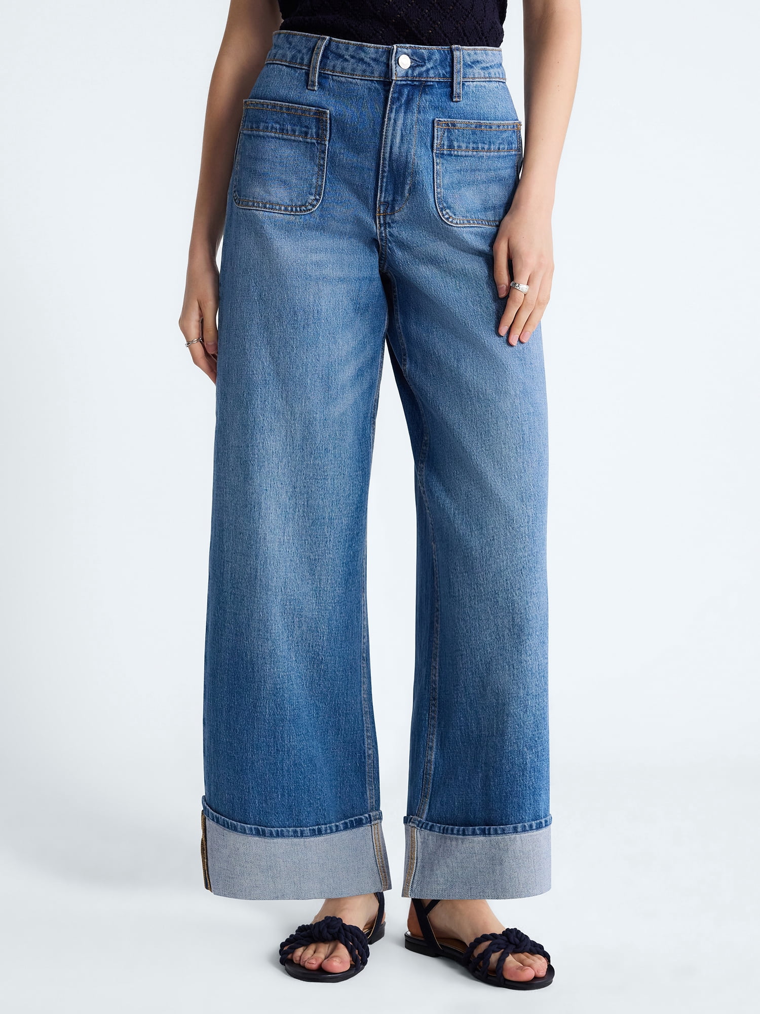 Free Assembly Women's High Rise Patch Pocket Cuffed Jeans, 26" Inseam, Sizes 0-18