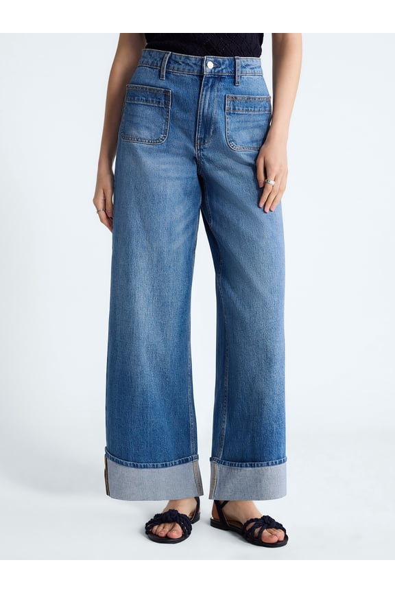 Women's High Rise Patch Pocket Cuffed Jeans, 26" Inseam, Sizes 0-18