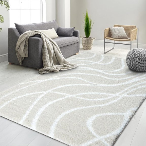 HR Plush Beige Cream Wave-Patterned Shag Rug, 1-Inch Thick Soft High Pile, Stain-Resistant Carpet for Living Room