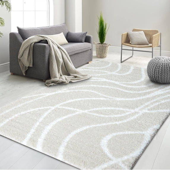 HR Plush Beige Cream Wave-Patterned Shag Rug, 1-Inch Thick Soft High Pile, Stain-Resistant Carpet for Living Room