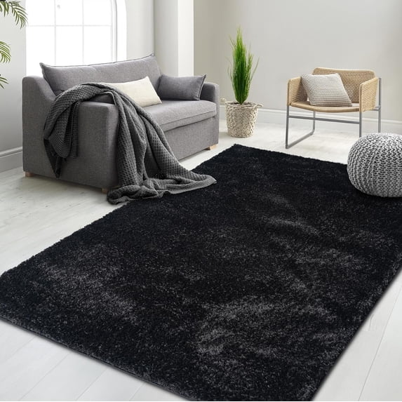 HR Plush Black Solid Color Shag Rug - Thick Pile, High-End, Soft & Cozy Floor Carpet for Bedroom & Living Room