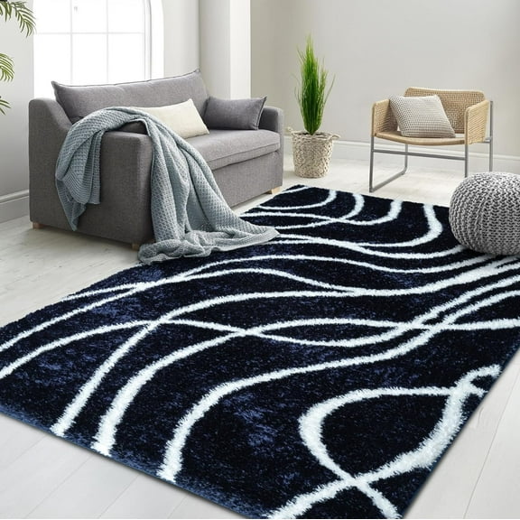 HR Plush Cobalt and White Wave-Patterned Shag Rug, 1-Inch-Thick Soft High Pile, Stain-Resistant Carpet for Living Room