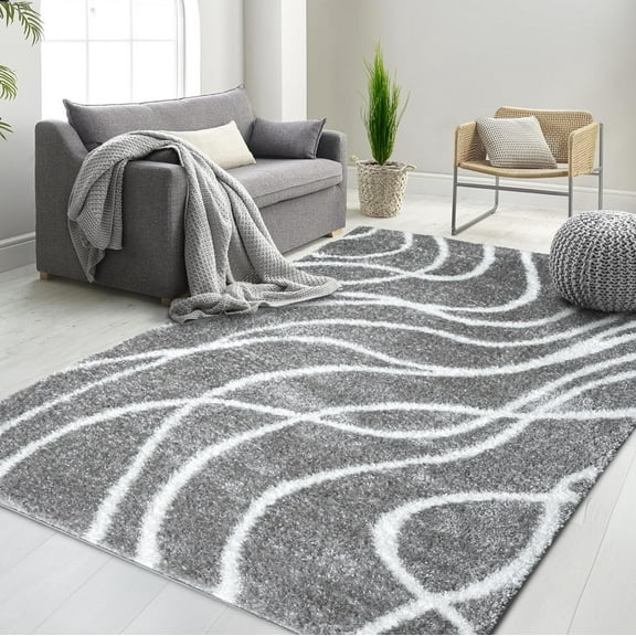 HR Plush Grey Carbon and White Wave-Patterned Shag Rug, 1-Inch Thick Soft High Pile, Stain-Resistant Carpet for Living Room